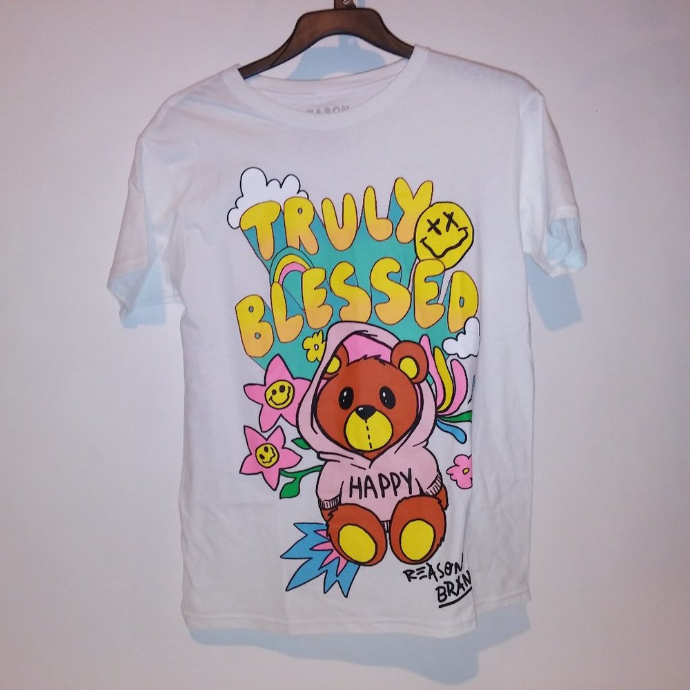 Reason Brand Mens T Shirt Medium White Colorful Teddy Bear Truly Blessed Graphic